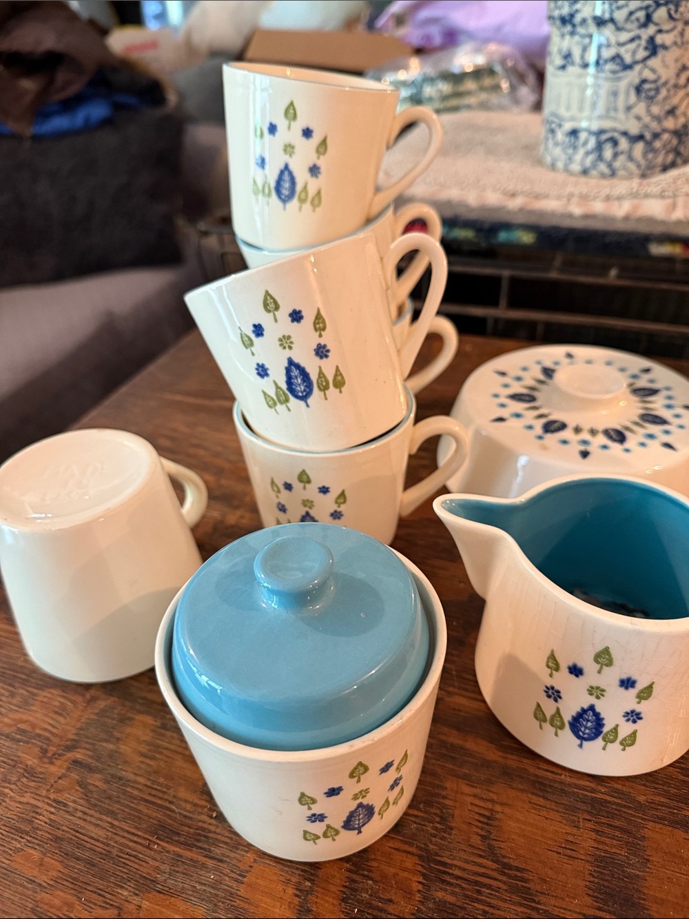 Blue Floral Ceramic Creamer, Sugar and Cup Set